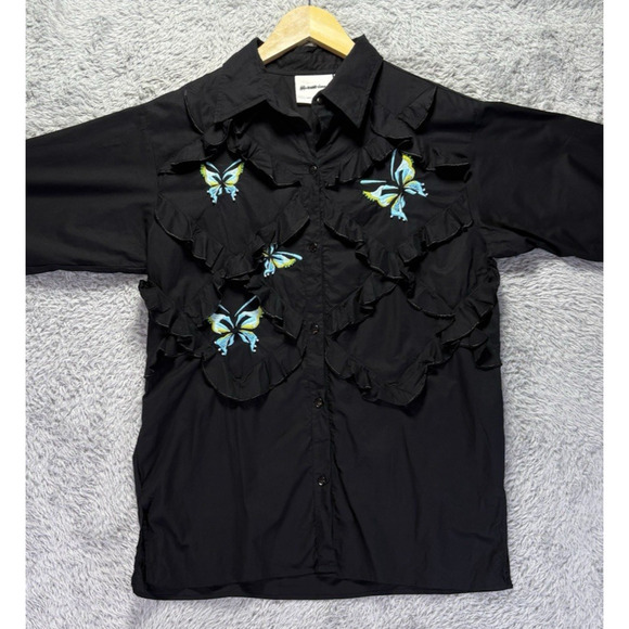 Michael Simon Womens Small Black Embroidered Blue Butterflies Button Down Up Top - Picture 4 of 12